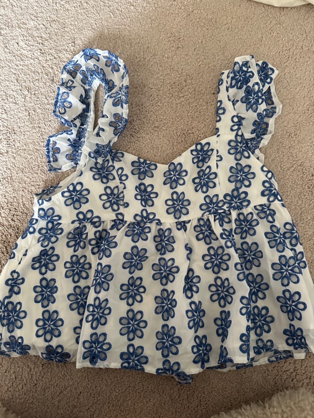 SHEIN White Tank with Blue Floral Eyelet